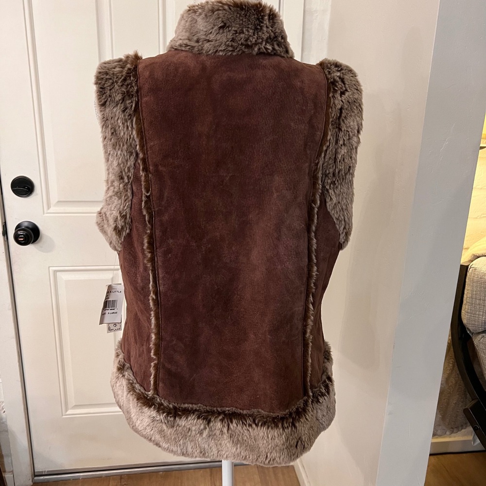 Live a Little Brown Leather Suede Faux Fur Trim Vest XL Style 30145 - Picture 3 of 9
